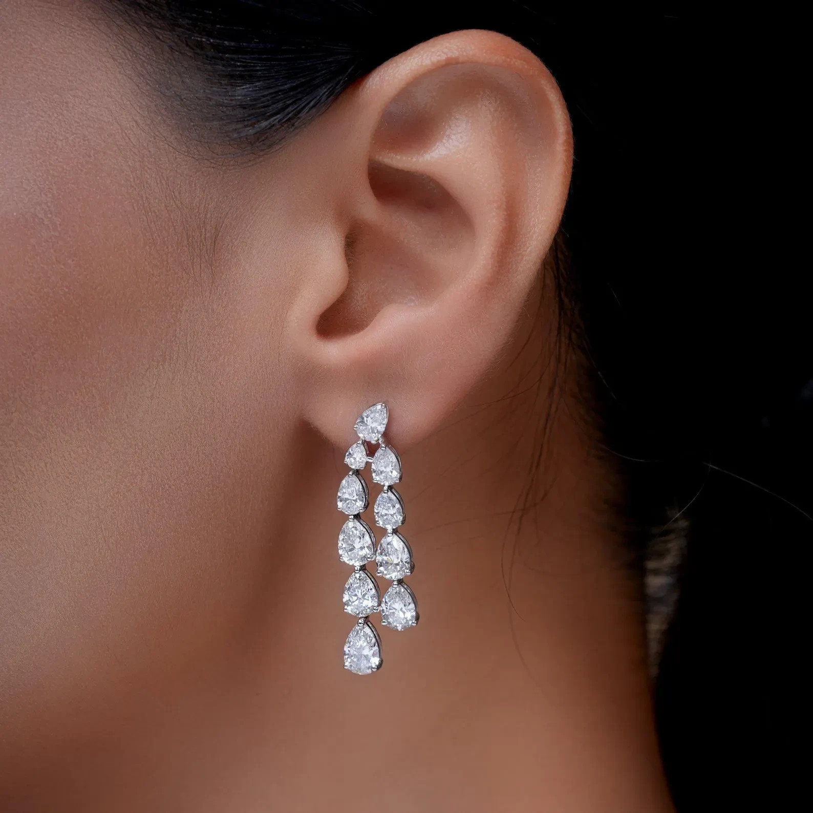 3 Ct Pear Cut Simulated Diamond Double Row Dangle Earring 14k White Gold Plated