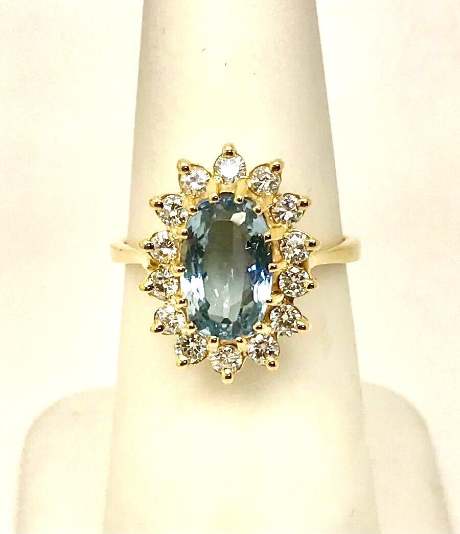 2.15 Carat Oval Blue Topaz & Diamond Halo Ring 14 k YG w/Card Appraisal – Size 6