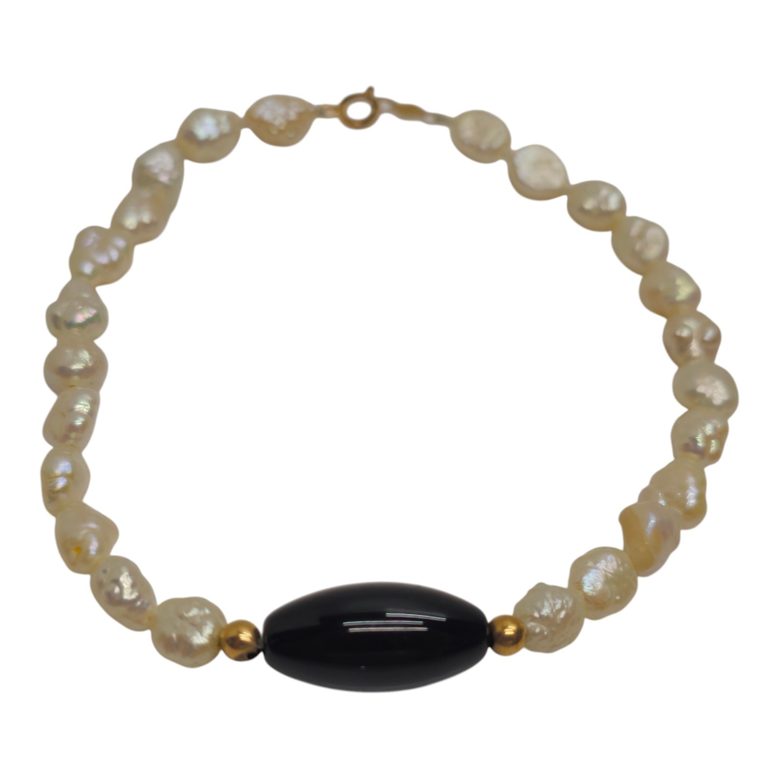 14K Rice Pearl Bracelet Black Center Stone WW Stamp Approx 7in Classic