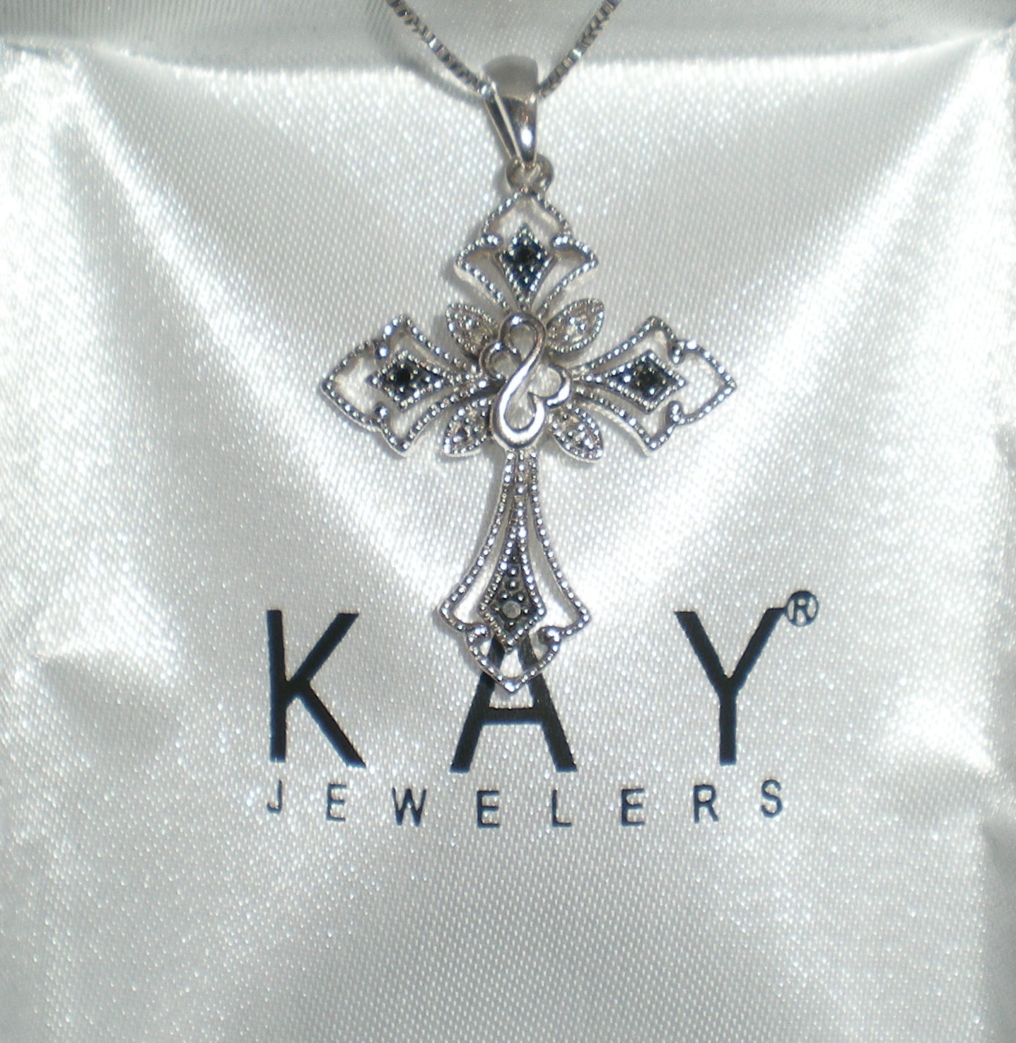 Jane Seymour SS Open Hearts Gothic CROSS 1/6ct Diamond Necklace 💎 KAY BOX 💎