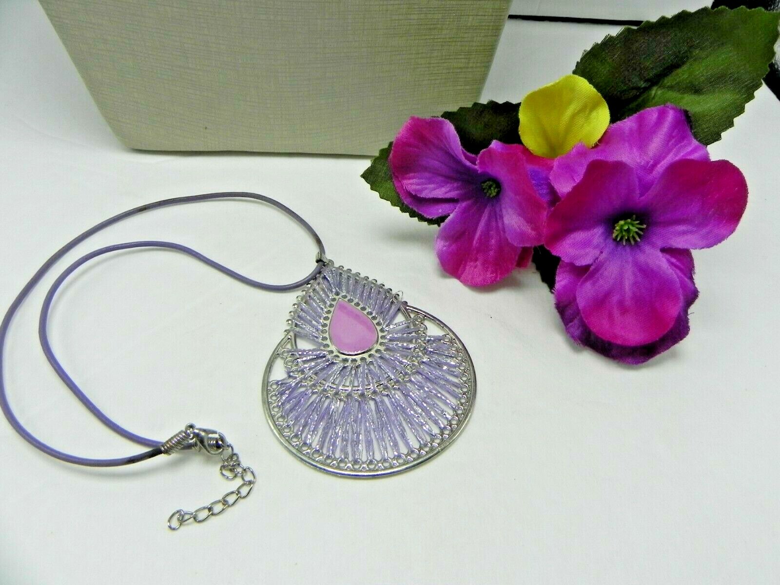 PURPLE Tear Drop Pendant 3 X 2 1/2″ NECKLACE LAVENDER String Leather 17″