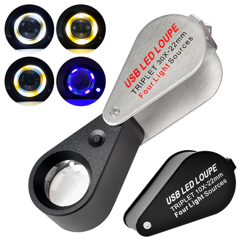 Jewelry Loupe 10X 20X 30X Stamps Diamond Magnifier with LED UV Rechargeable