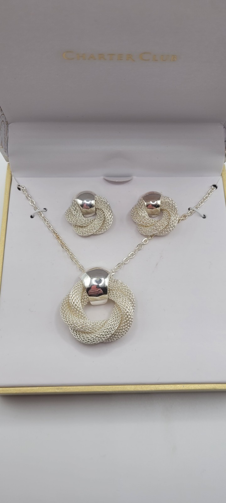 Charter Club Silvertoned Mesh Circle Knot Necklace & Pierced Earrings Set
