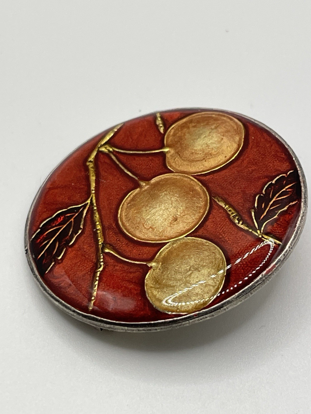 Vintage Sterling Cloisonne Brooch Fruit Cherry Enamel