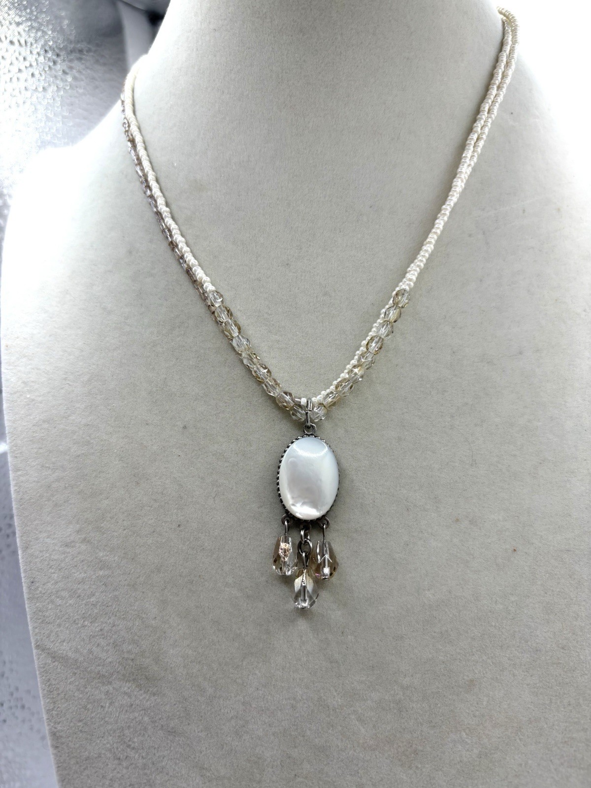 Cream & Champagne Colored Beaded Layered Necklace W/ Oval MOP Pendant Necklace