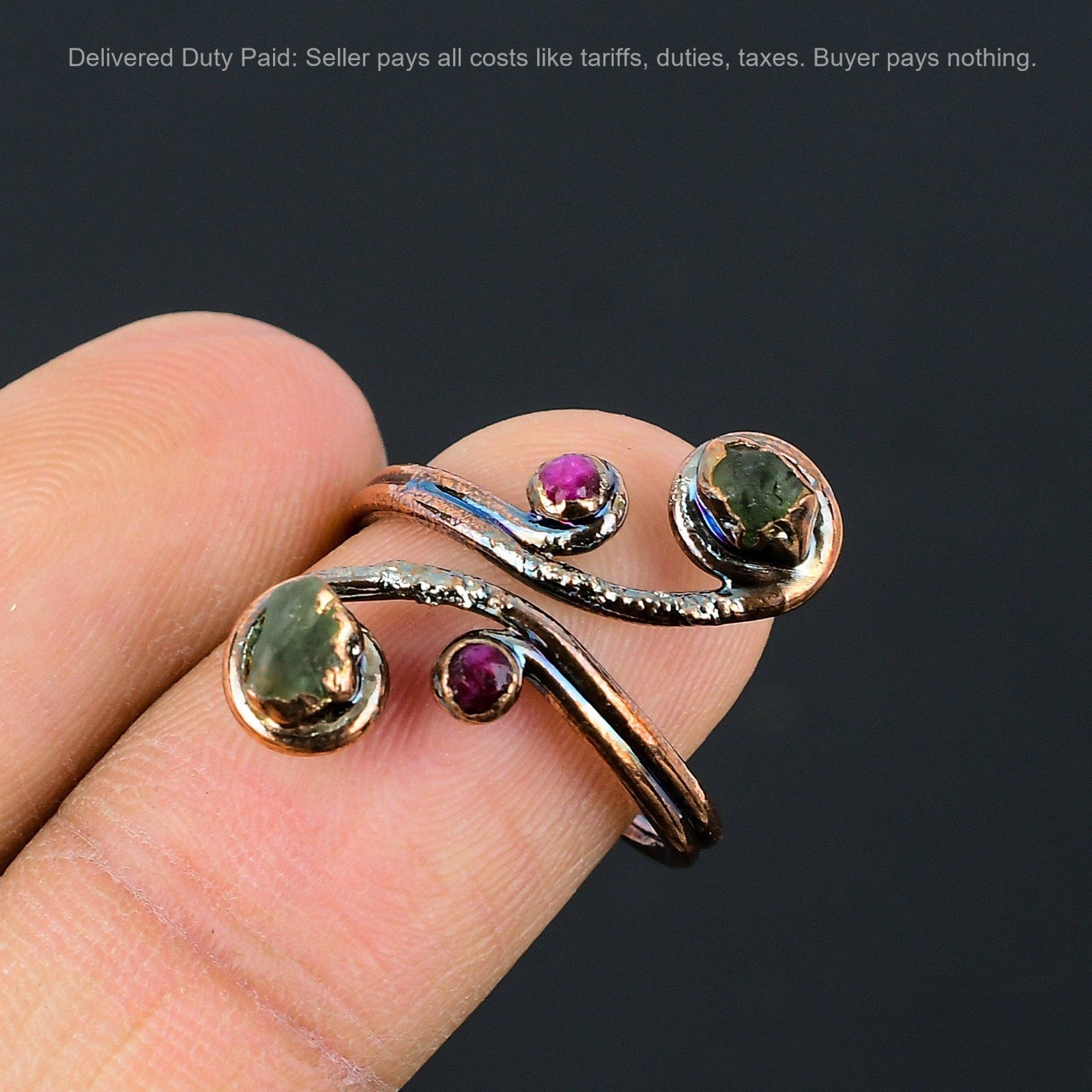 Multi Tourmaline Rough Stone Copper Electroformed Mother Stackable Ring Jewelry