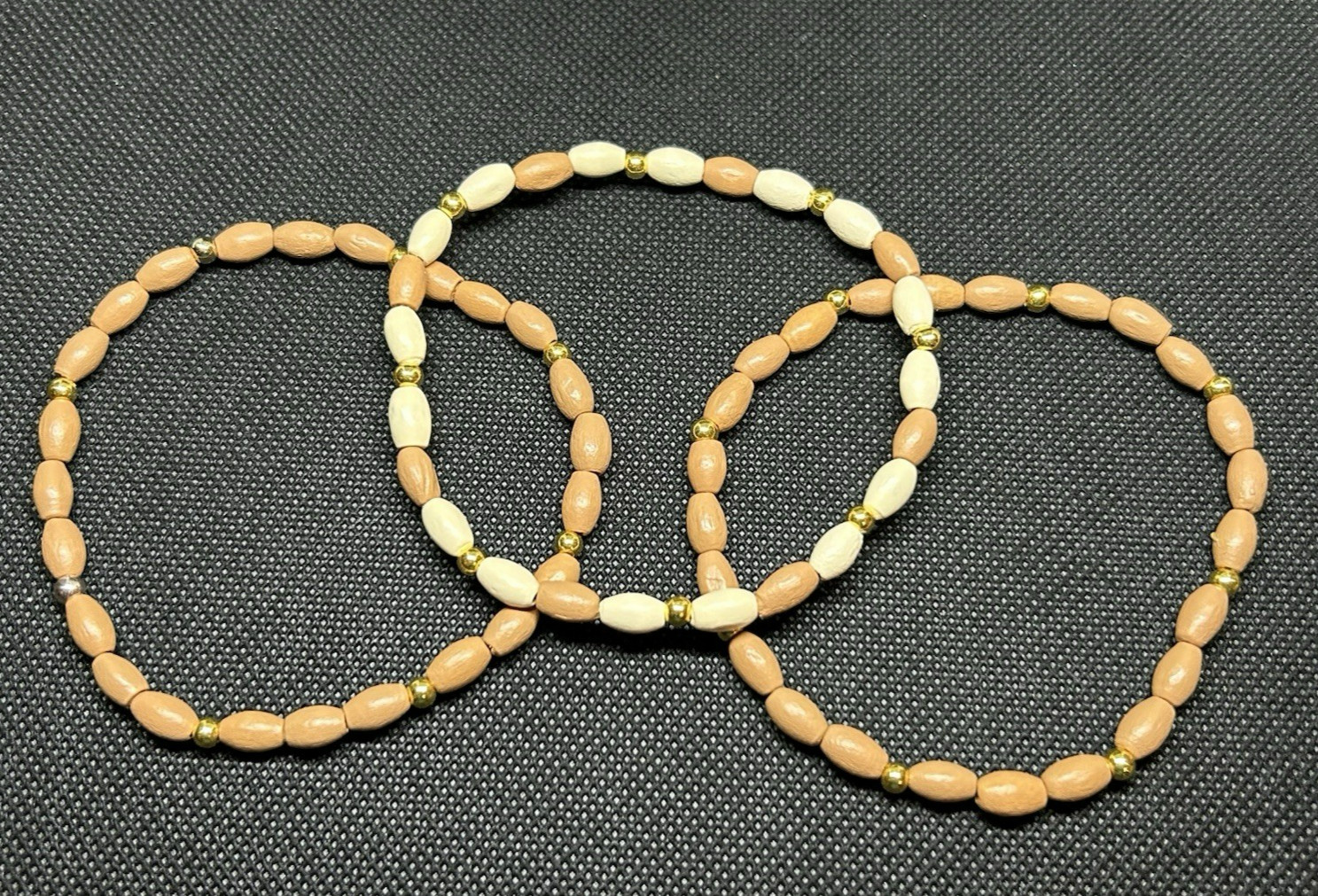 Tan & Ivory with Golden accents Bamboo Wooden Beaded Bracelet Set Size Large