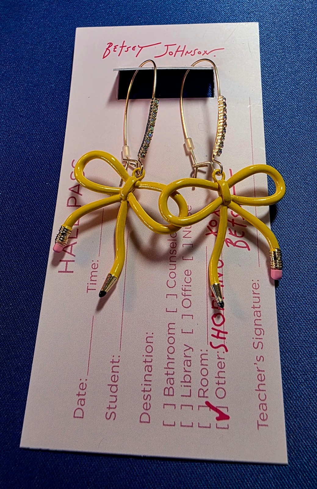 Betsey Johnson Shepherd Hook Earrings Yellow Pencil Bow Shape -NEW