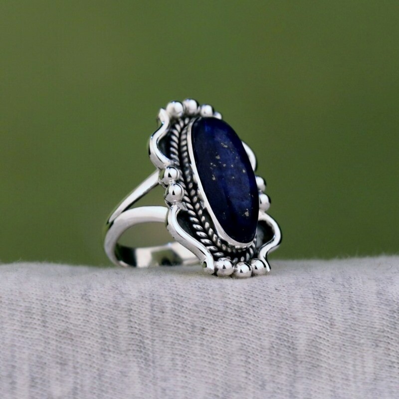 925 Sterling Silver Lapis Lazuli Handmade Women Ring Fine Jewelry