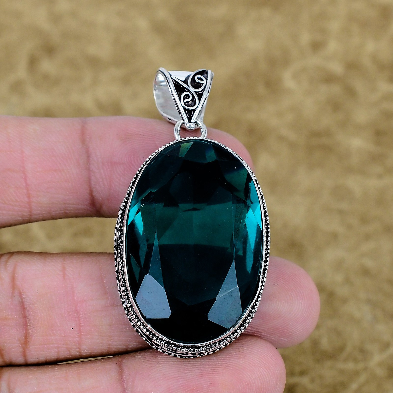 Apatite Quartz Gemstone Pendant 925 Sterling Silver Oval Vintage Jewelry For Her