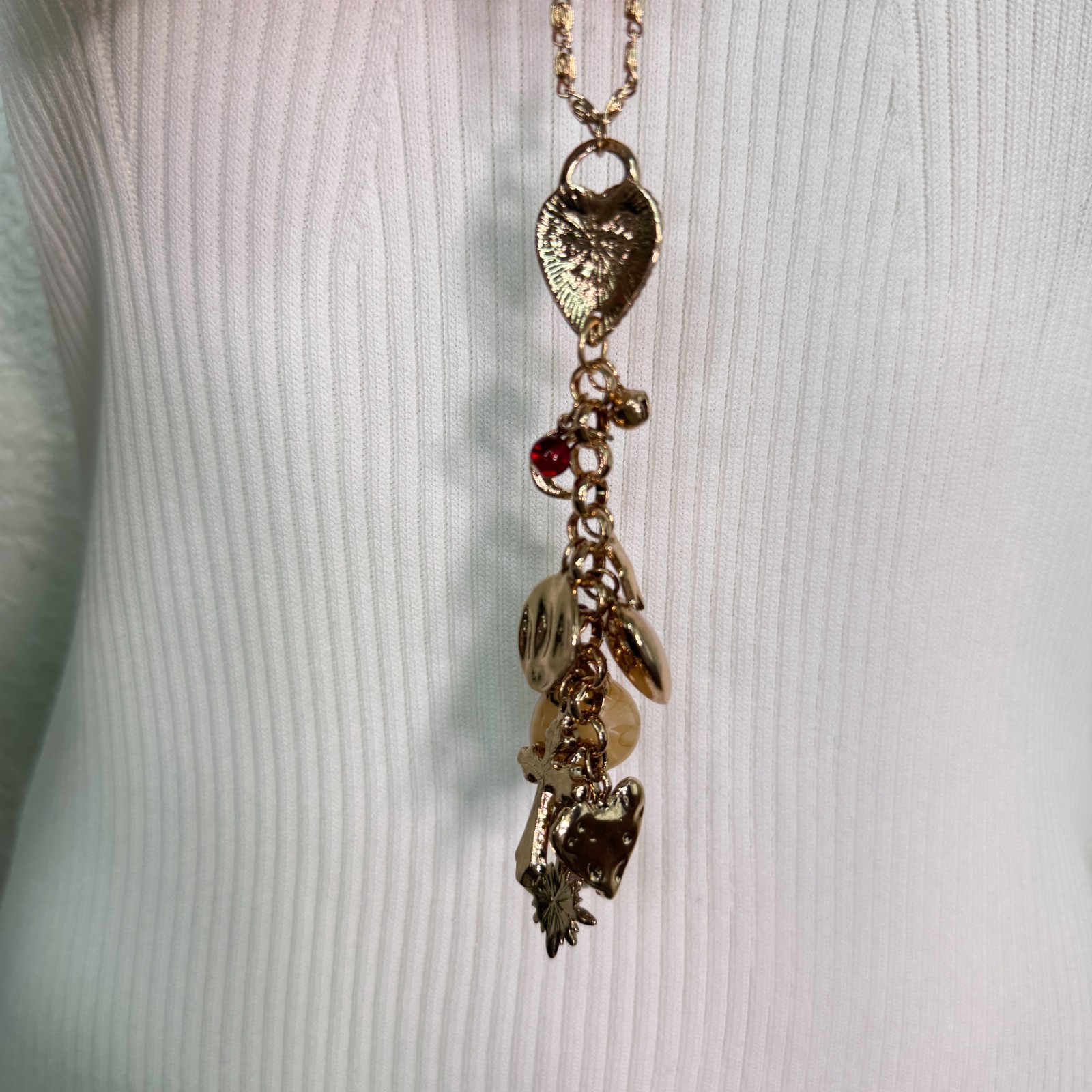 Free People Layer Necklace Heart Cross Charm Cluster Boho Multi Strand Boho NEW
