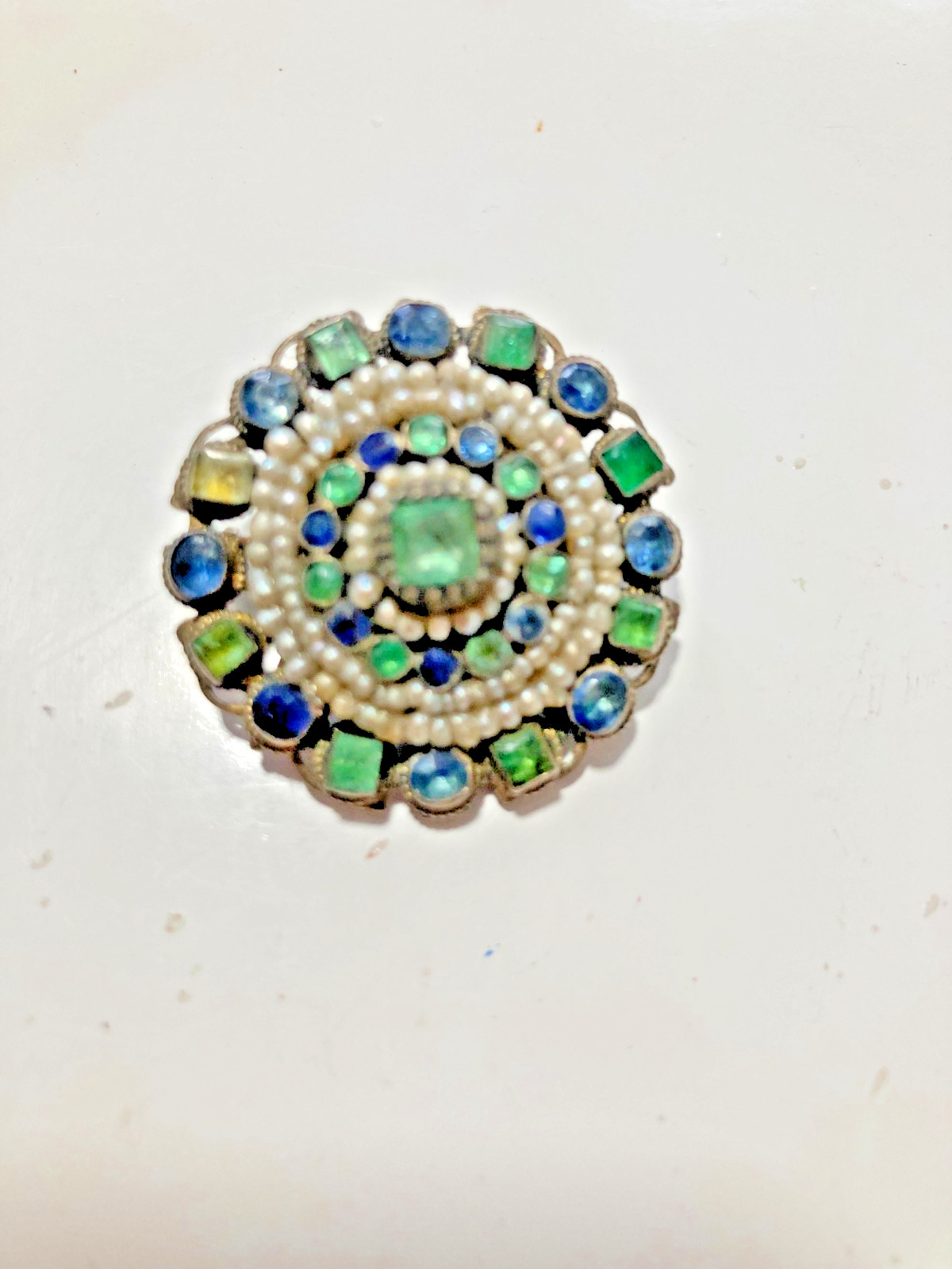 Silver Antique Austro Hungarian Brooch w Real Emeralds & Seed Pearls BIN