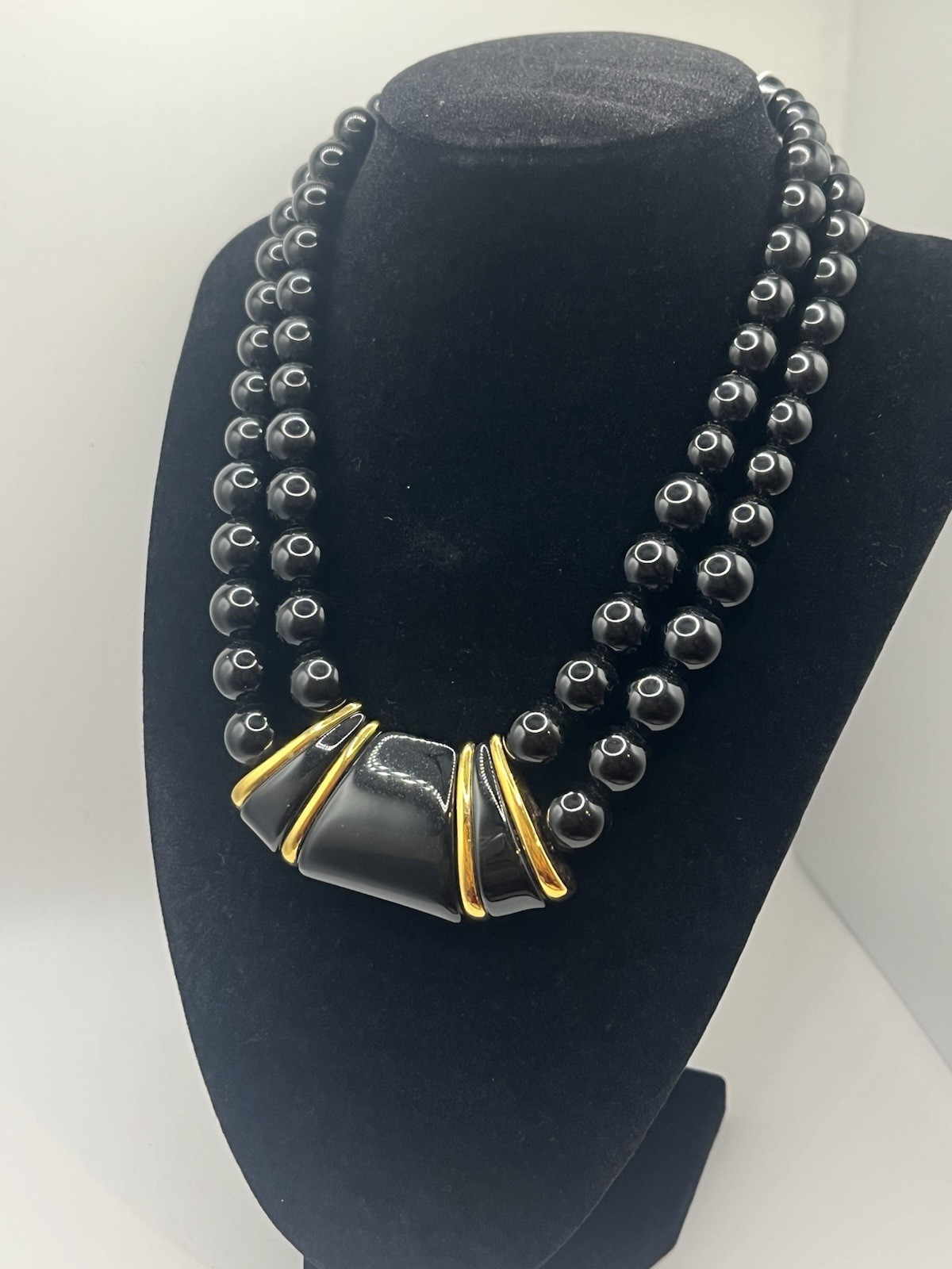 Vintage © Napier Double Strand Black Bead Gold Tone Statement Necklace Signed