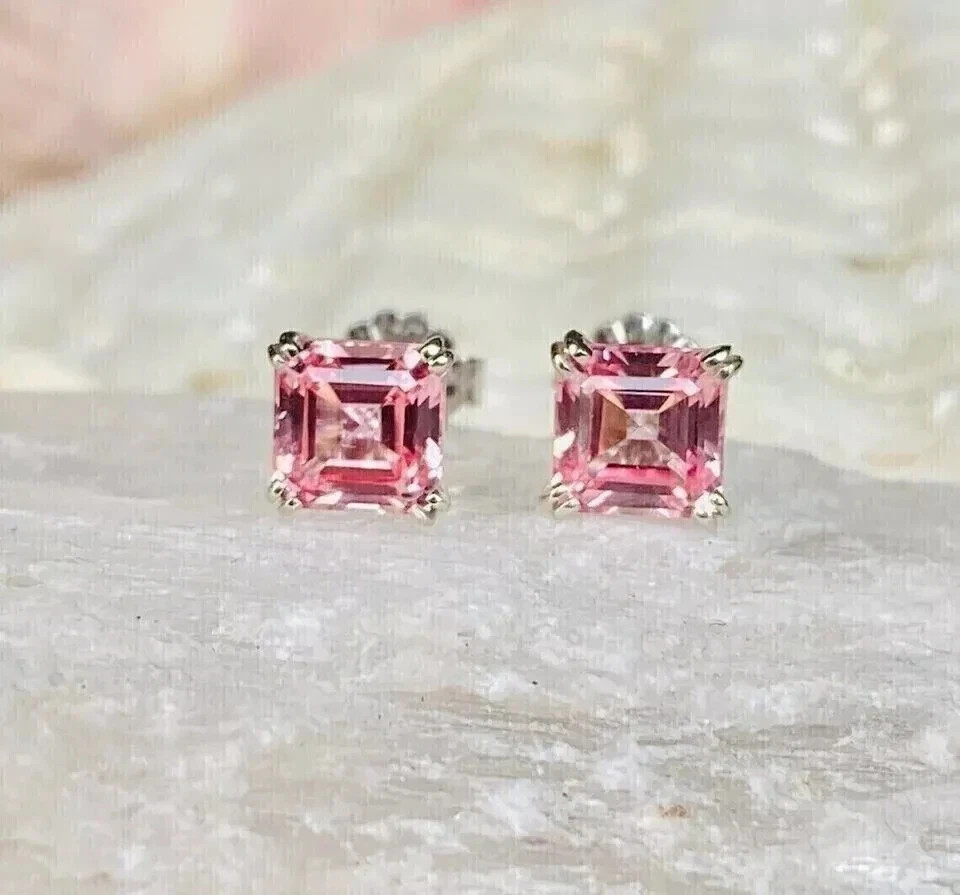 1.50Ct Asscher Cut Lab Created Pink Diamond 14K White Gold Plated Stud Earrings