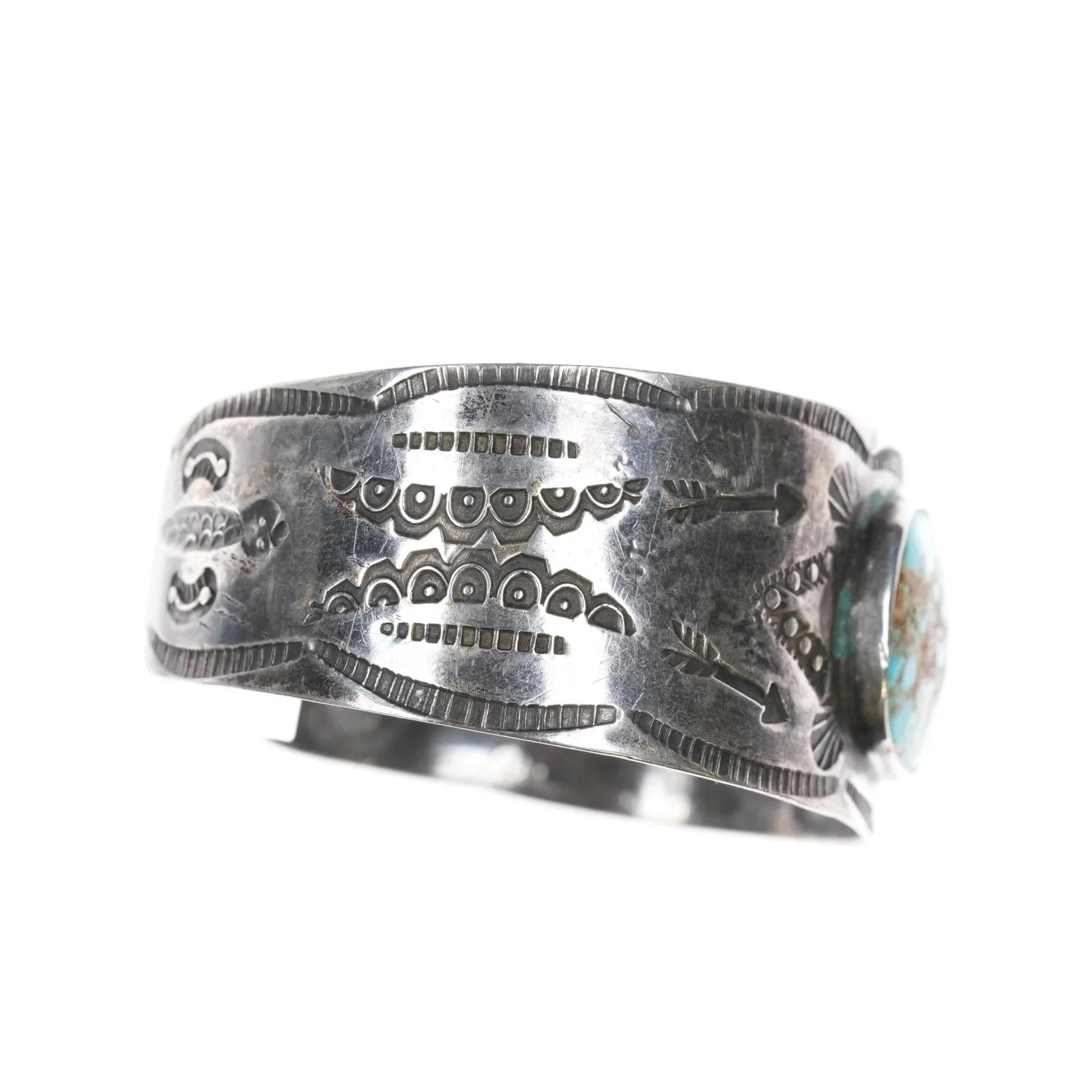 6.375″ Vintage Fred Harvey Navajo hand stamped sterling silver cuff bracelet tu
