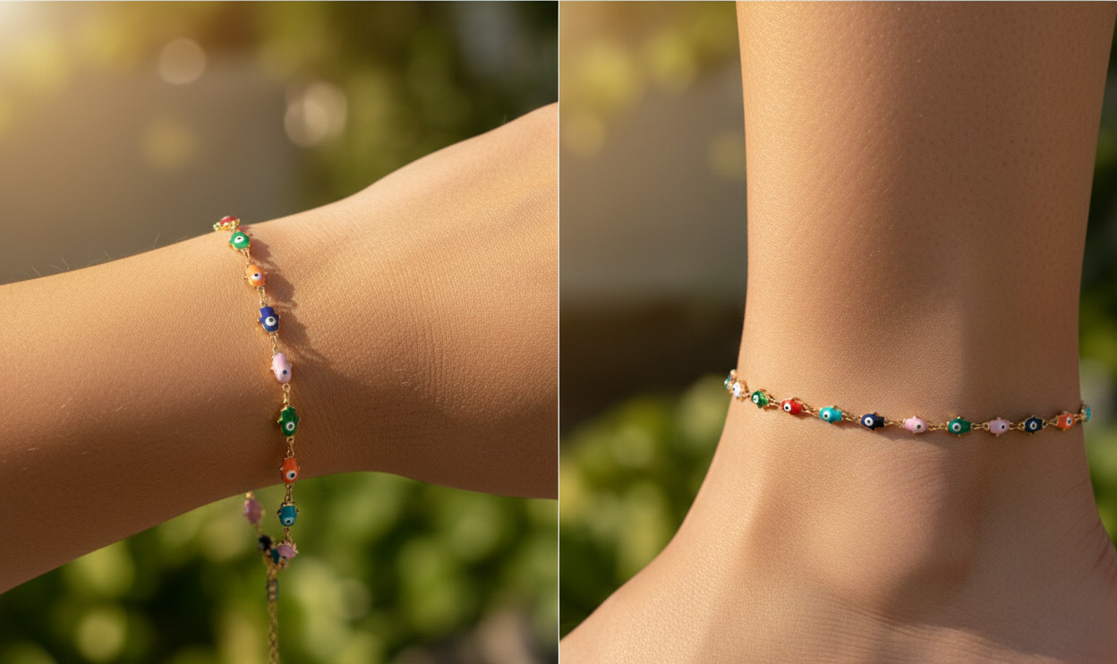 Evil Eye Hamsa Bracelet for Women, Rainbow Enamel Charm Bracelet, Gold Chain