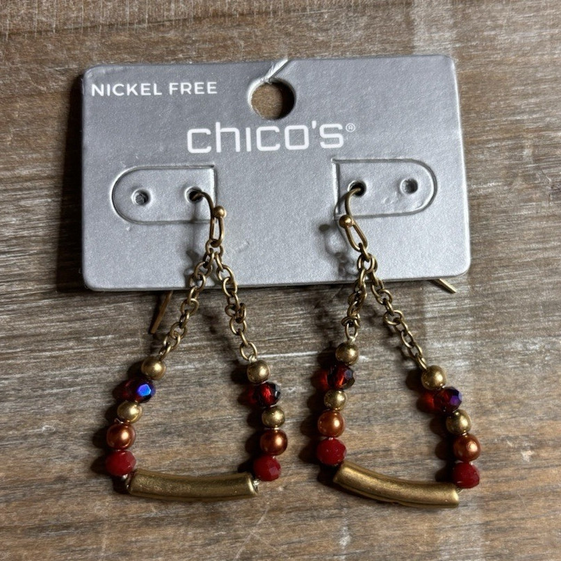 Chico’s Nickel-Free Gold Tone Red Beaded Dangle Hook Earrings 2 in