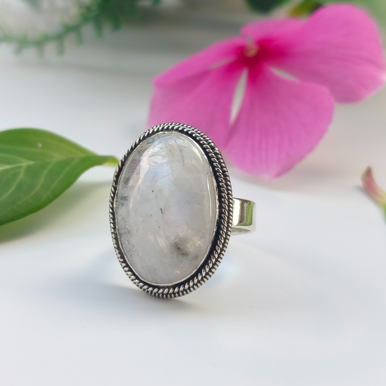 Rainbow Moonstone Gemstone 925 Silver Handmade Statement Ring Jewelry