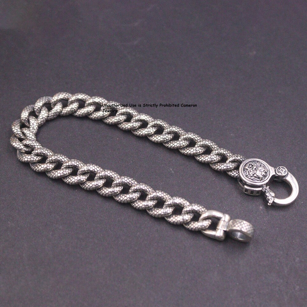 Pure S925 Sterling Silver Chain Men 9mm Dragon Curb Link Bracelet 34-35g 7.9inch