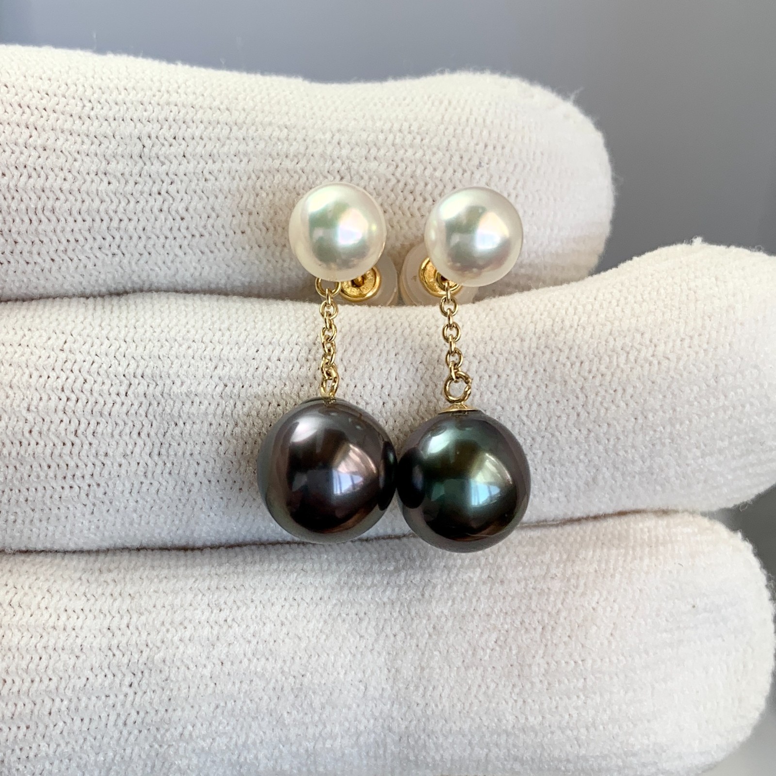 7/9.5mm Multi-Pearl Japanese Akoya/Tahitian Pearl Earrings 18k Solid Yellow Gold