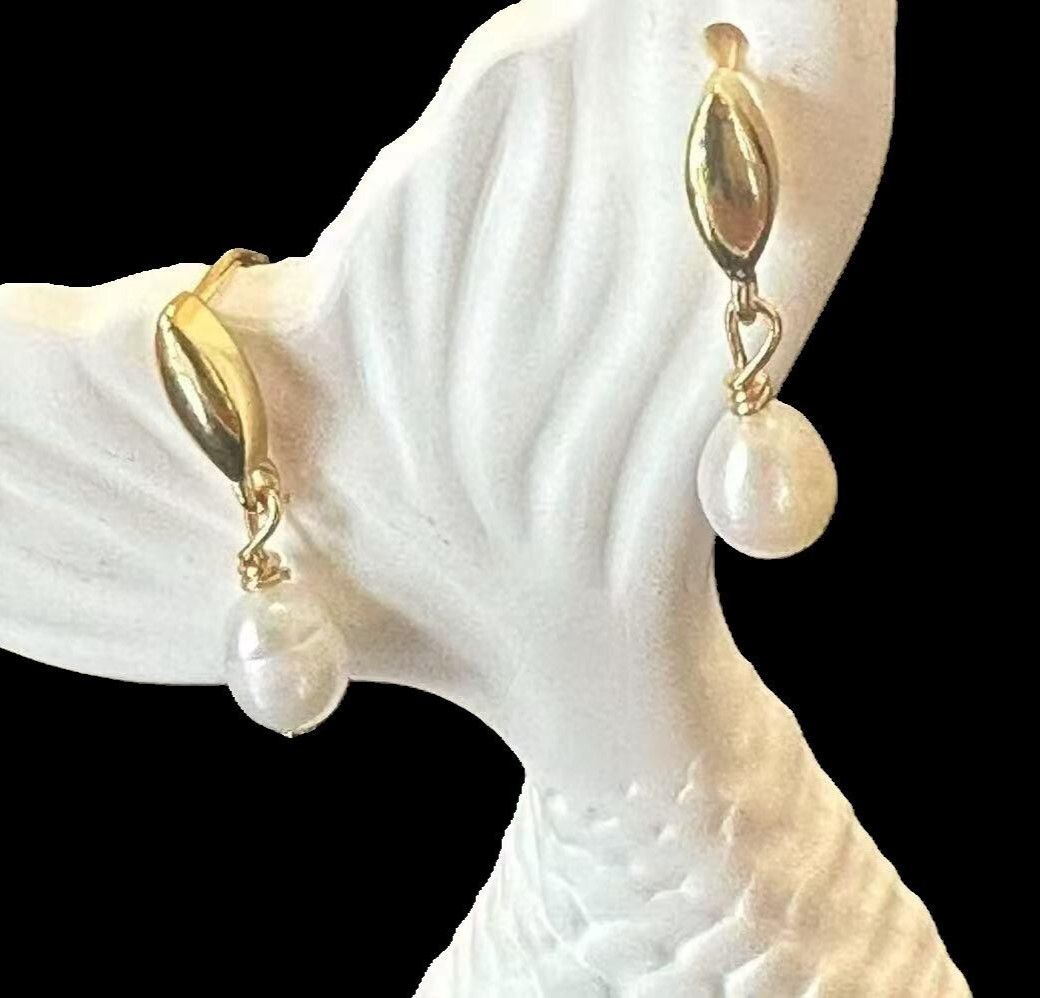 925 Silver Natural 5×7.5mm Pearl Drop Dangle Stud Earrings 14K Gold Plated