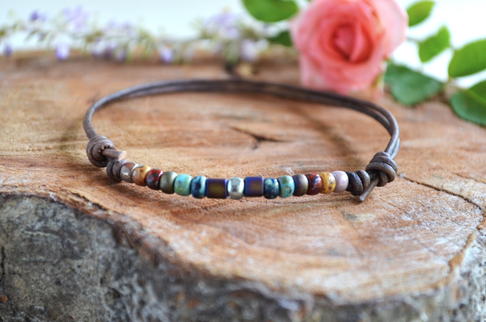 Multi-Color Bead Leather Anklet Beaded Ankle Bracelet Women’s Ankle Jewelry