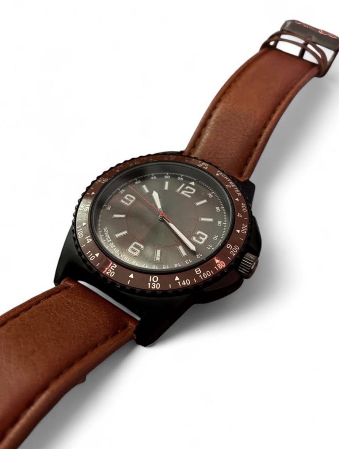 Mens Analog Wristwatch Tachymeter Brown Leather Strap Black Case Gray Dial