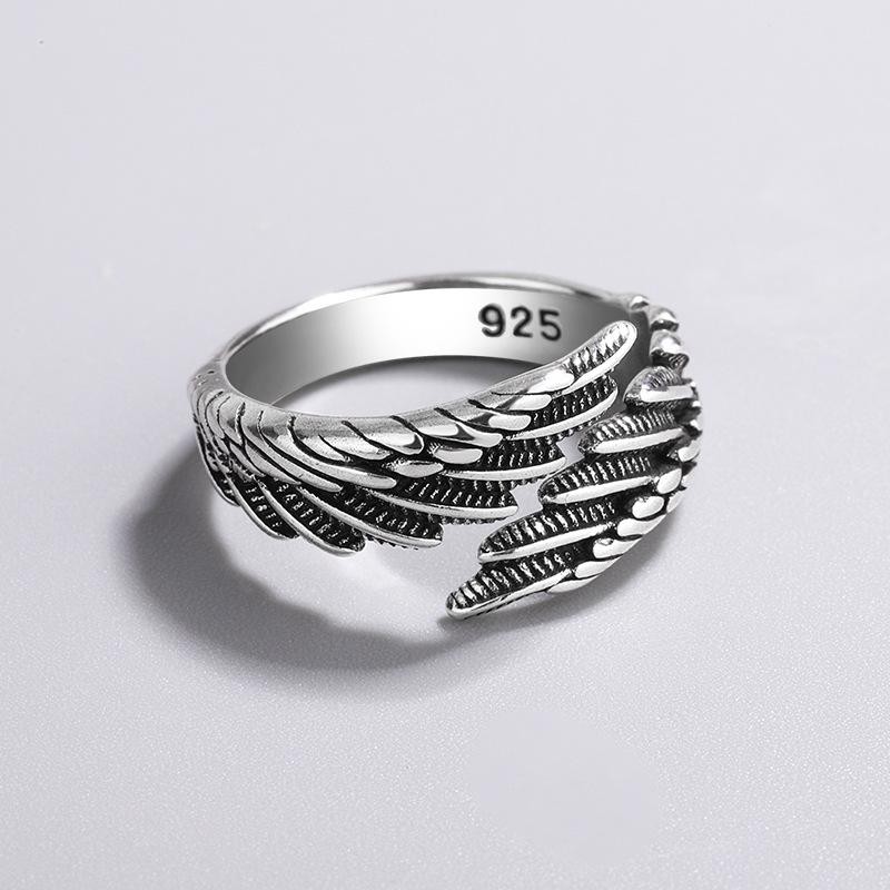 925 Sterling Silver Angel Wing Feather Adjustable Ring Luxury Wedding Jewelry