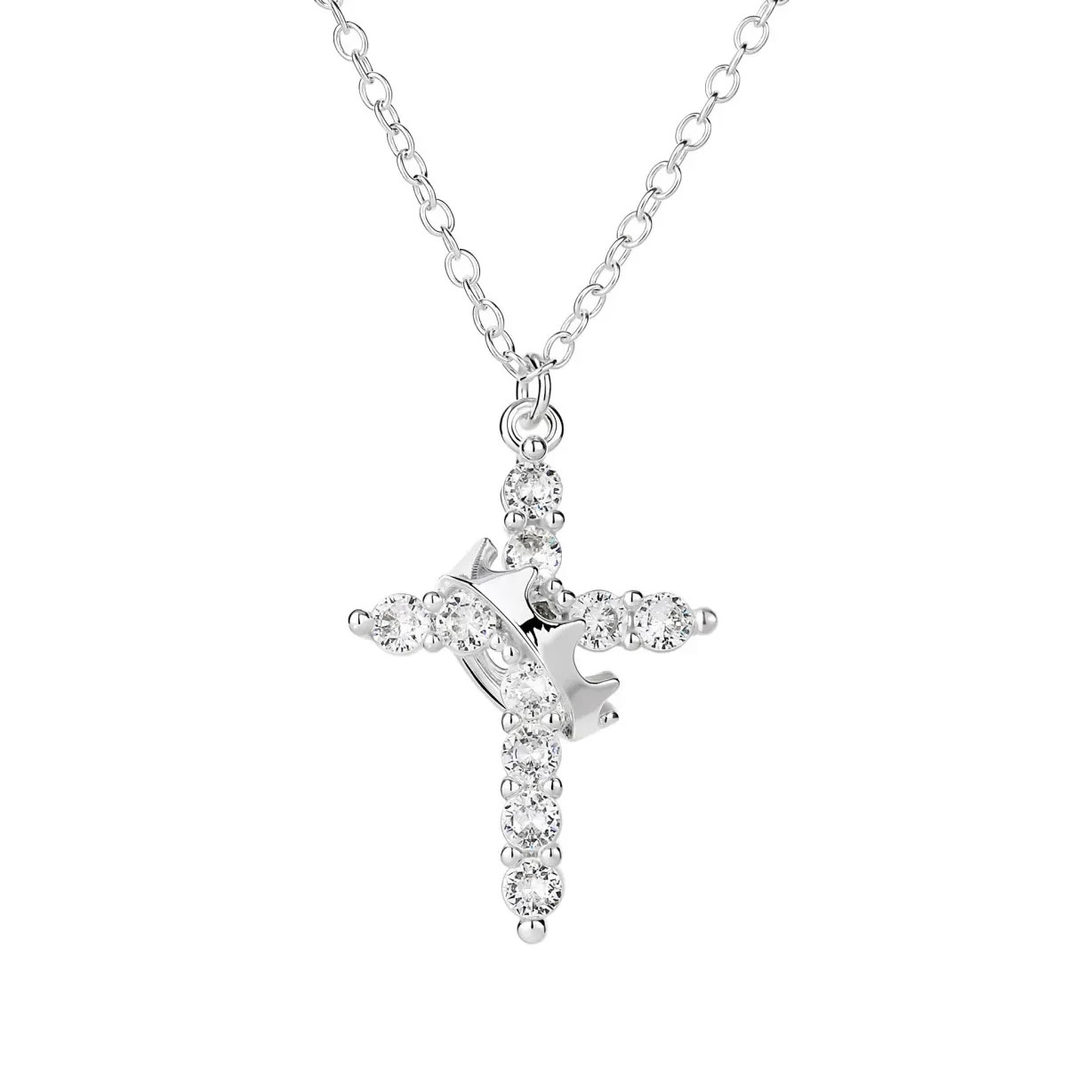 Elegant White Gold Rotatable Crown Cross Necklace Sparkly Diamond Pendant Gift