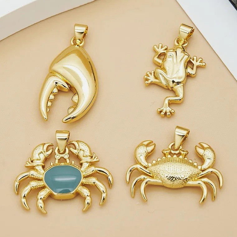Gold Tone Metal Animal Charm Pendant Lot 4 Crab Frog Claw Blue Cabochon