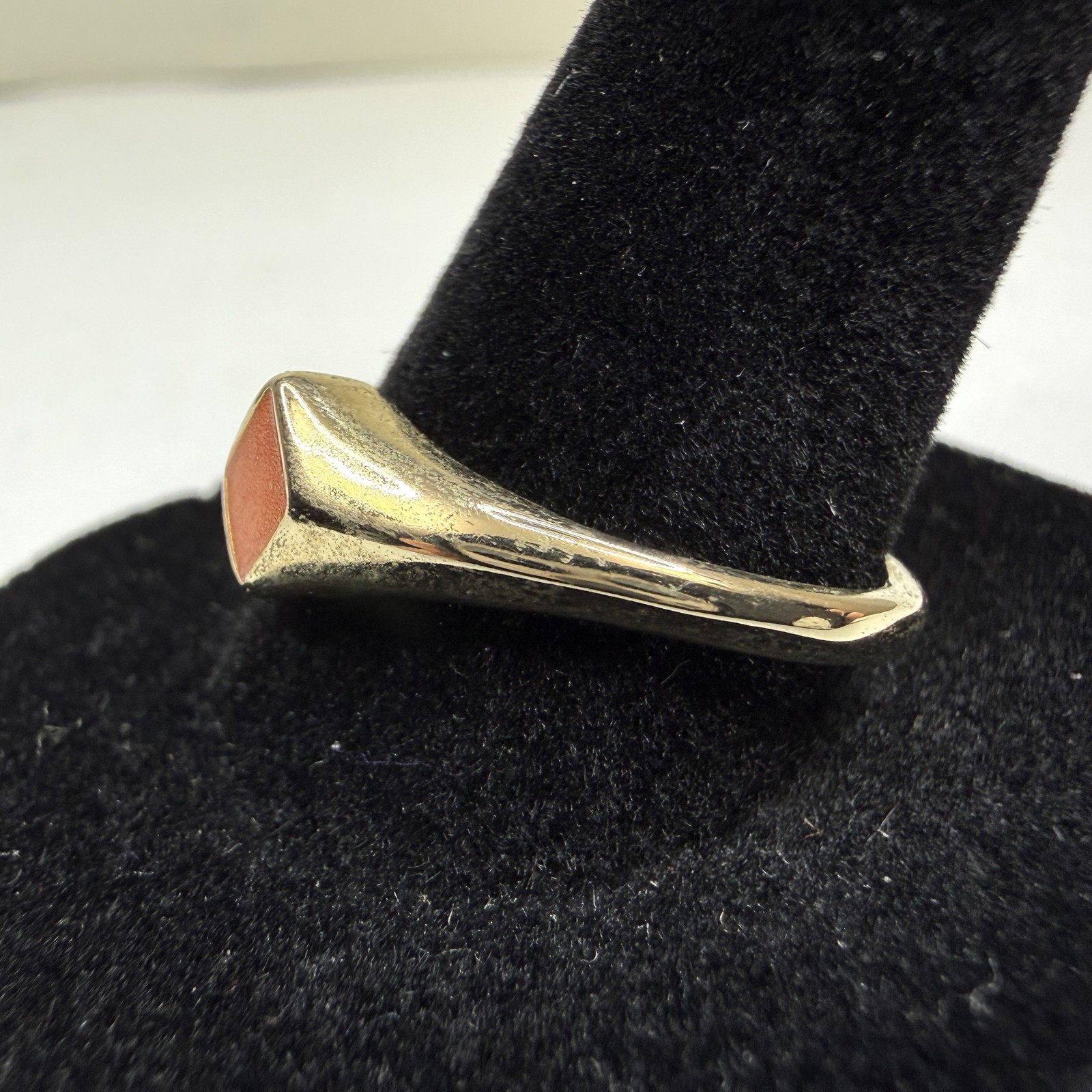 Vintage Style Gold Tone Ring Orange Enamel Inlay Rhombus Design Jewelry Size 9