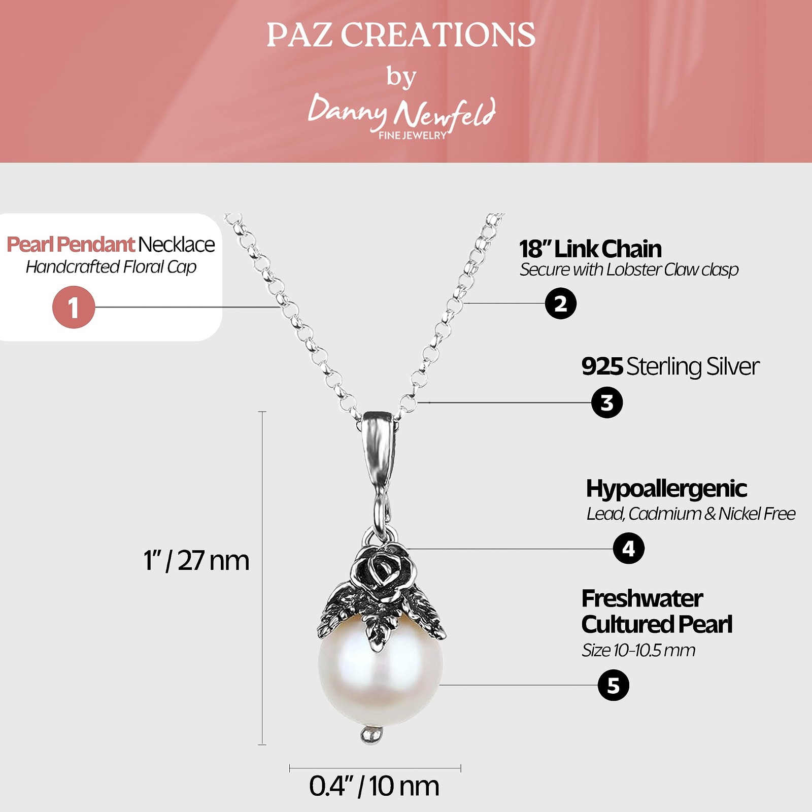 Paz Creations 925 Sterling Silver Pearl Pendant Necklace with Round Ball-Shap…