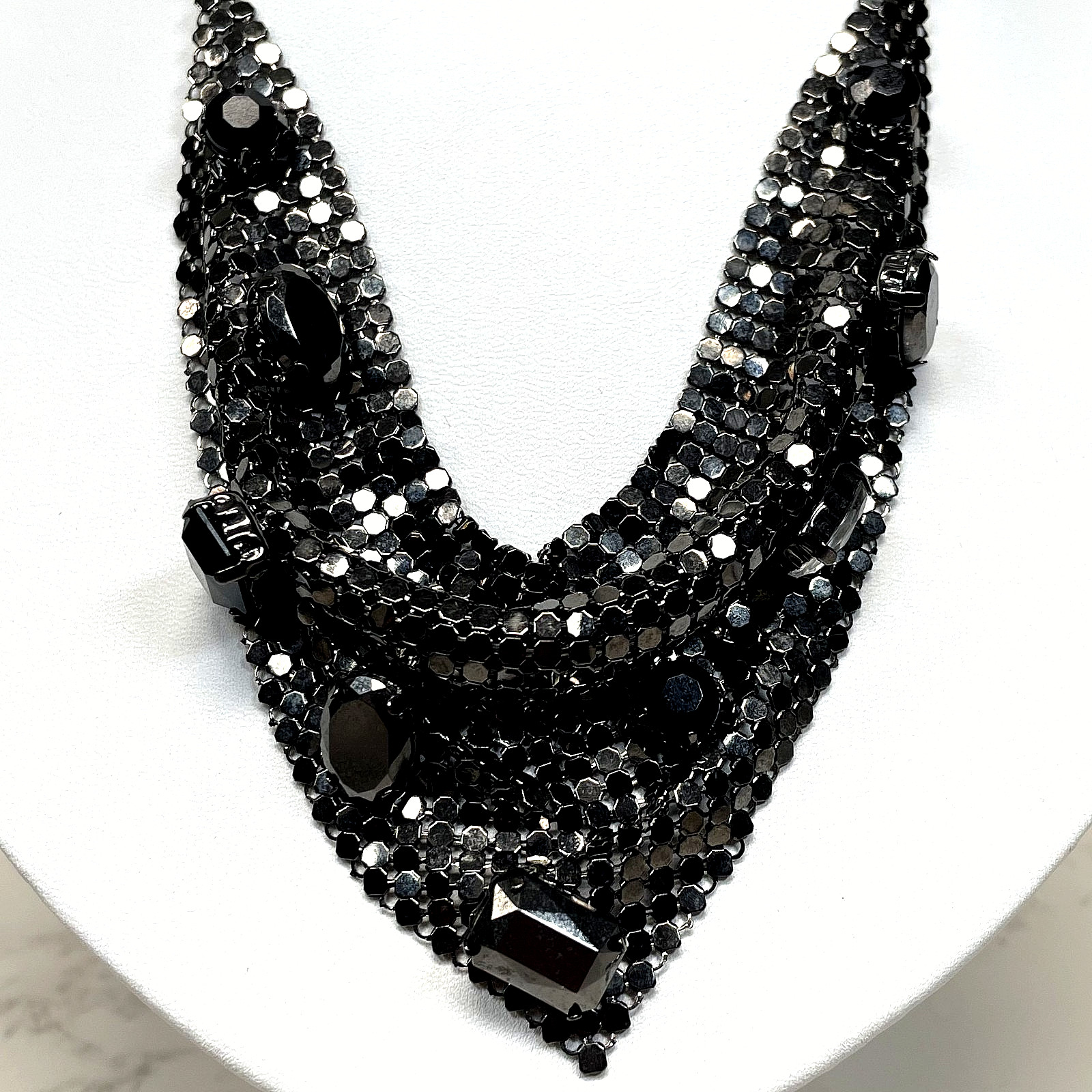 Claire’s Signed Black Liquid Metal Mesh Bib Necklace Gothic Rhinestone Statement