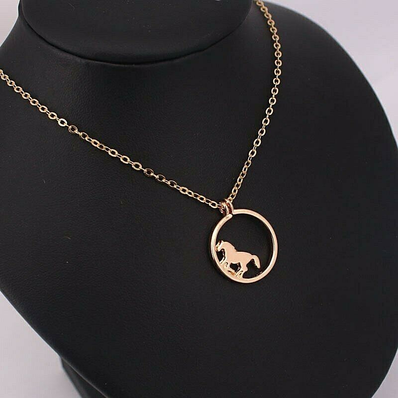 Golden 3/4″ HORSE IN CIRCLE Pendant Necklace 16″ Chain (#35)