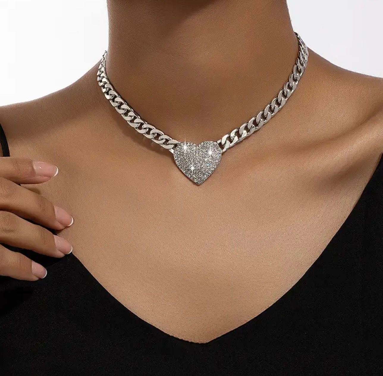 18K Gold Plated Silver Color Cuban Chain Necklace With Rhinestone Heart Pendant