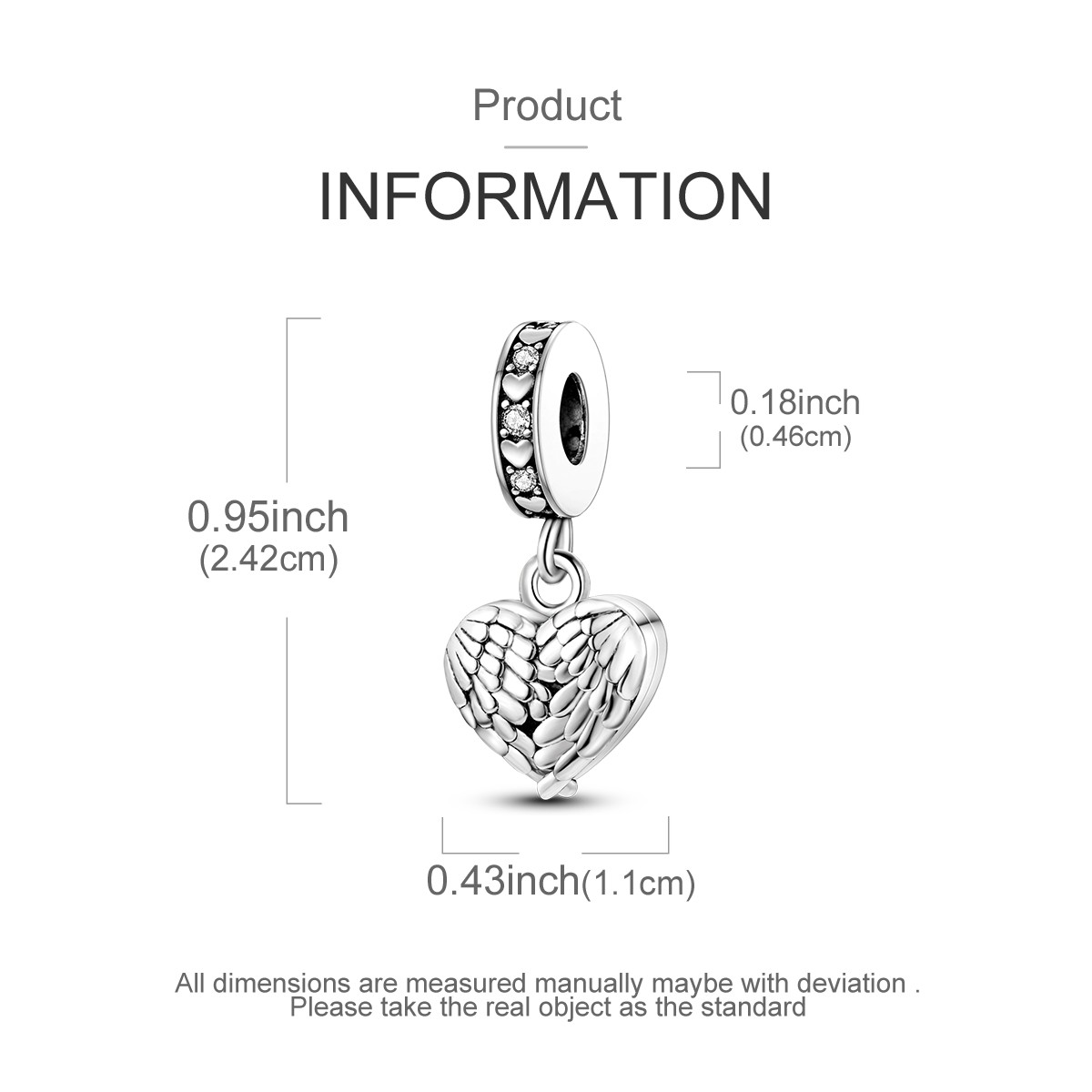 MULA 925 Sterling Silver Charm Feather Peach Heart Pendant for Women Bracelet