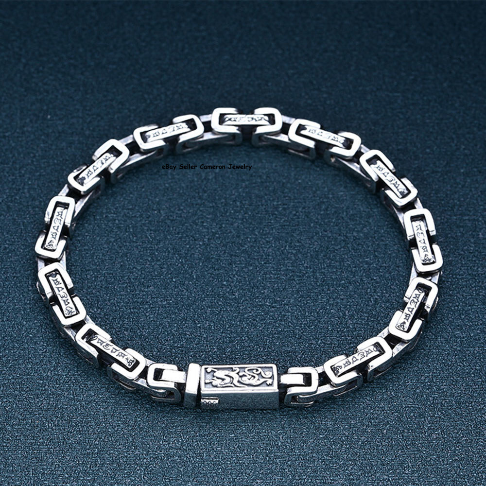 Pure S925 Sterling Silver Chain 5mm Six Words Byzantine Link Bracelet 7.1-7.9in