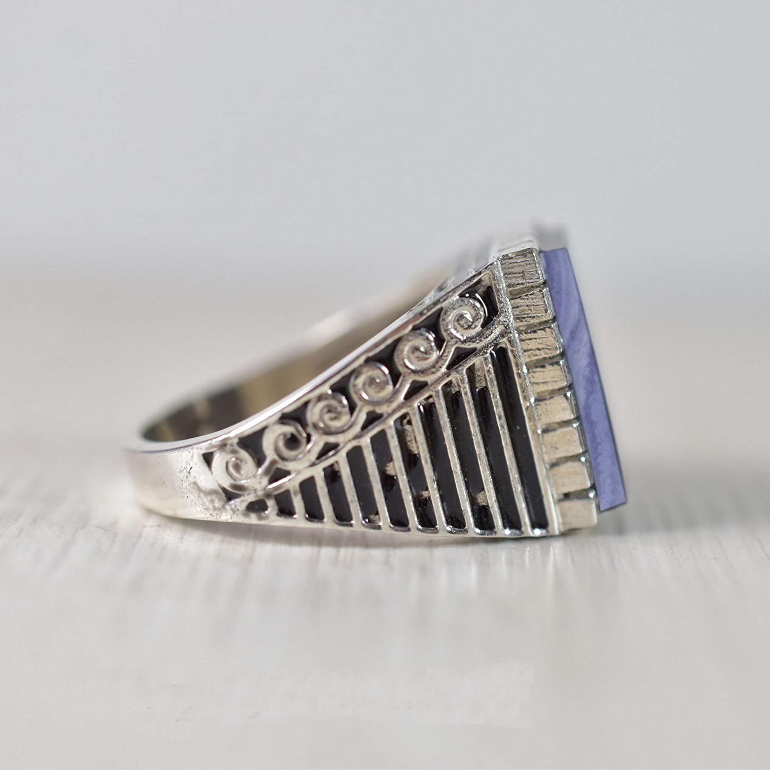 Solid 925 Sterling Silver Natural Blue Lace Agate Gemstone Men’s Unisex Ring