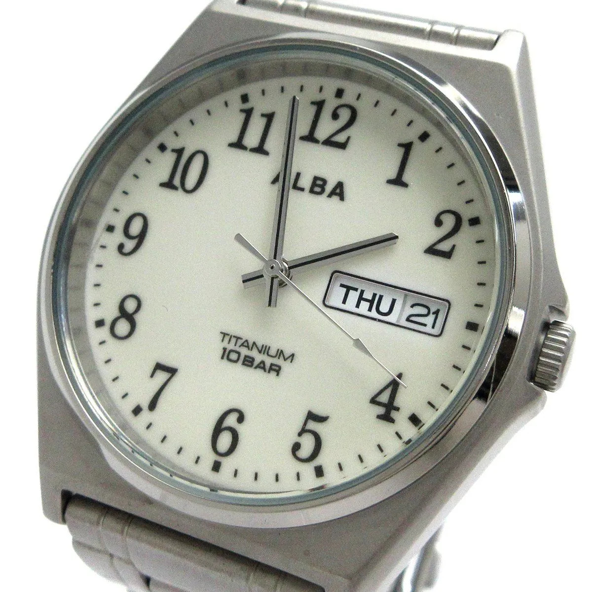 Seiko Alba Men’s Titanium Day-Date Watch with Arabic Numerals and Lumibrite