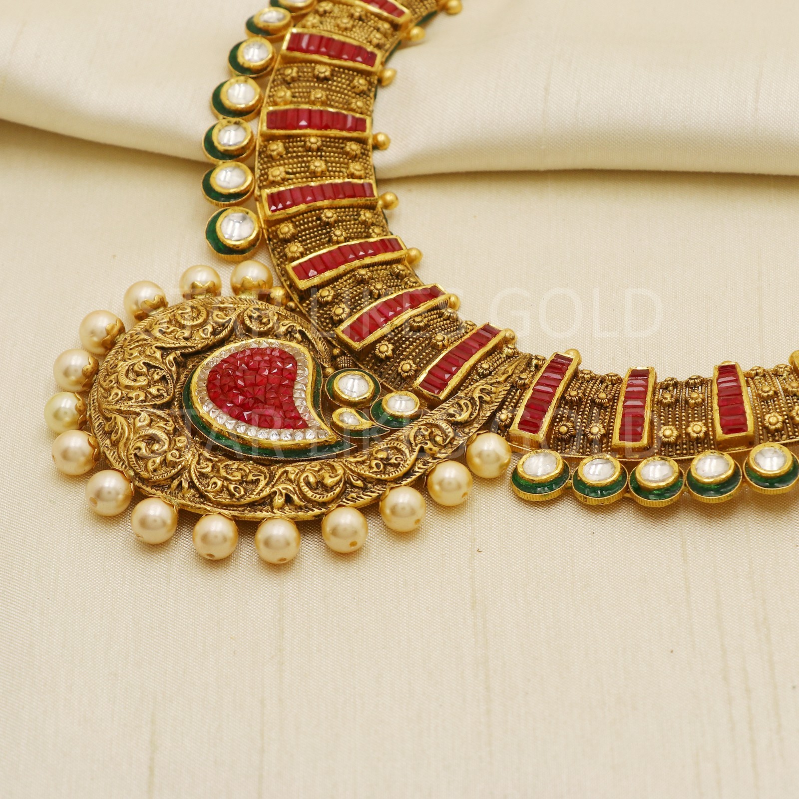 22K Gold Antique Kundan Ruby Glass Paisley Medallion Choker Necklace Set 70.4g