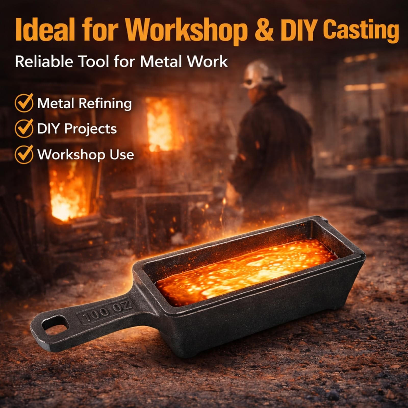 100 oz Cast Iron Ingot Mold with Handle – Metal Melting & Casting for Gold, Silv