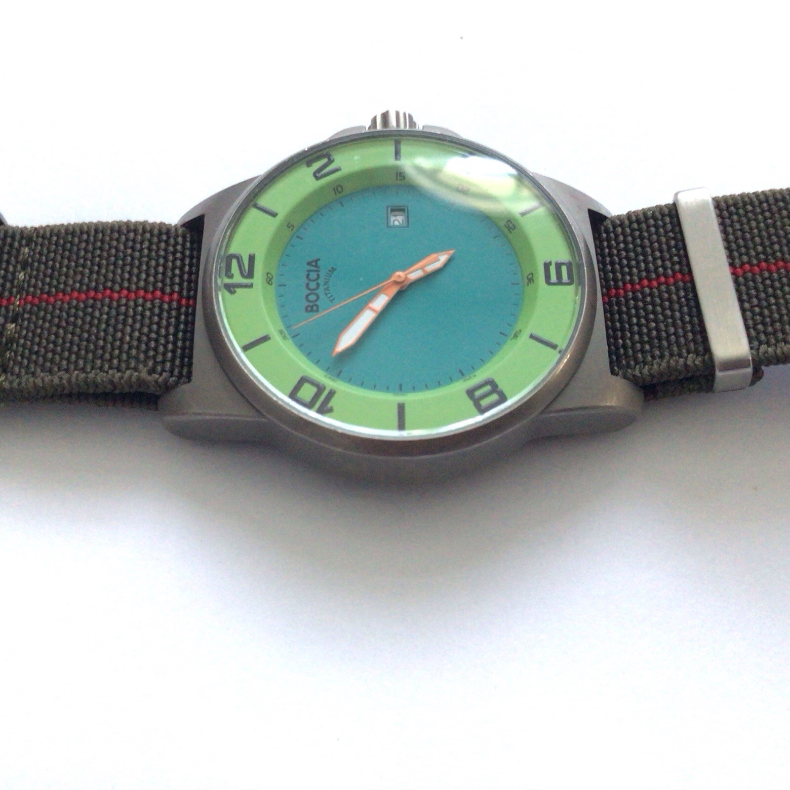 Boccia ID Titanium Men’s Two Tone Green Blue Watch Brown Stretch Canvas Band