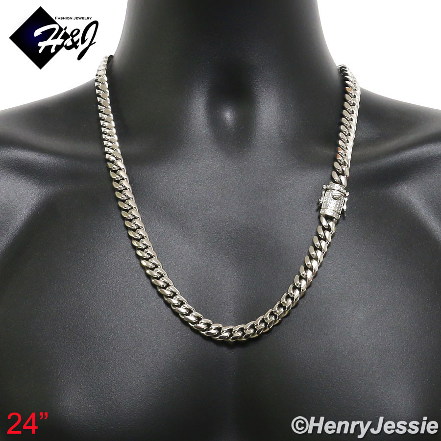18″-40″MEN Stainless Steel 10/12/14mm Silver Bling CZ Cuban Curb Necklace*N158