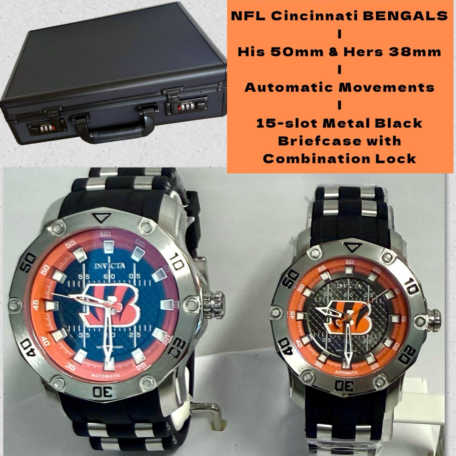 50mm & 38mm Auto His & Hers BENGALS-NFL| Black Football Field Dial Invicta Watch