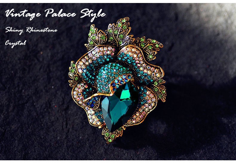 Vintage Floral Brooch Pin Multicolor Crystal Rhinestone Gold Tone Statement Jewe