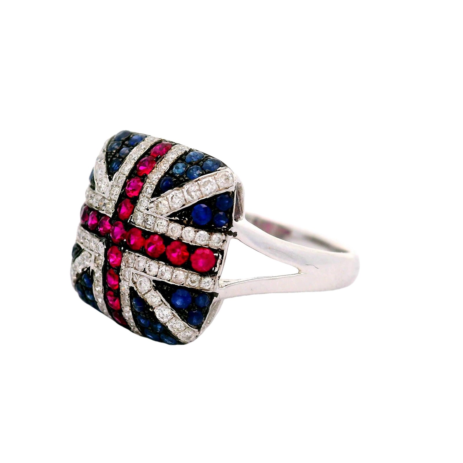 Ruby Sapphire Diamond 18k White Gold “United Kingdom Flag” Ring