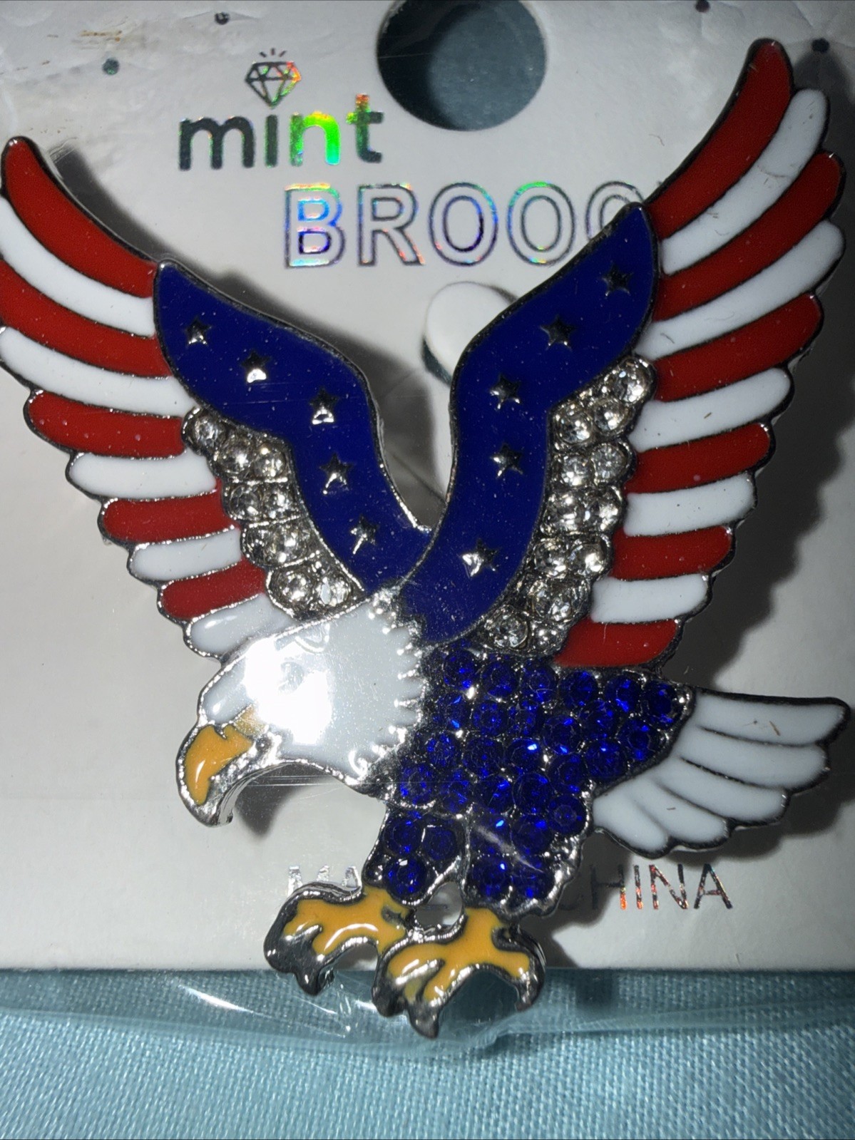 Silver Plated Red White & Blue Rhinestone Crystal Eagle Pin Americana Patriotic