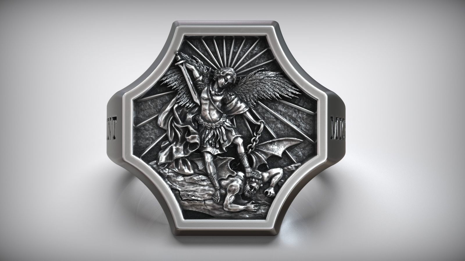 Oxidized Archangel Michael Defeating Satan Basrelief 925 Silver Statement Rings