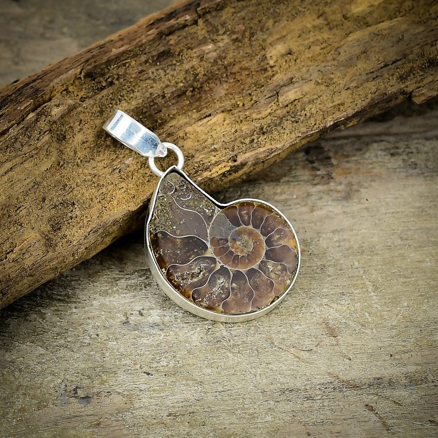Ammonite Fossil Gemstone Handmade 925 Sterling Silver Jewelry Pendant 1.65″ C374
