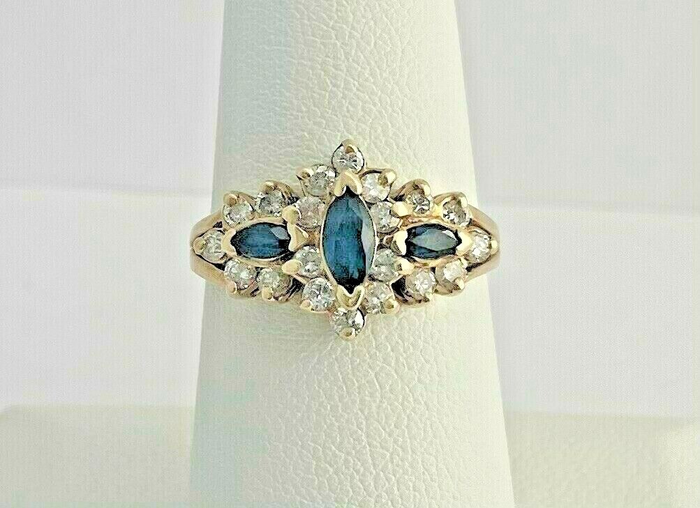 14K Yellow Gold Marquise Sapphire .60 Carats Diamond Ring 3.2 Grams Size 6.75